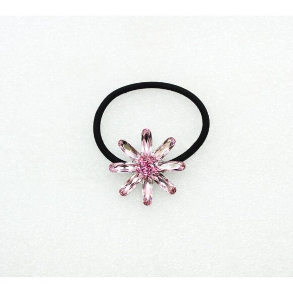 Pink Rhinestone Crystal Floral Ponytail Holder Elastic Hair Tie Women
